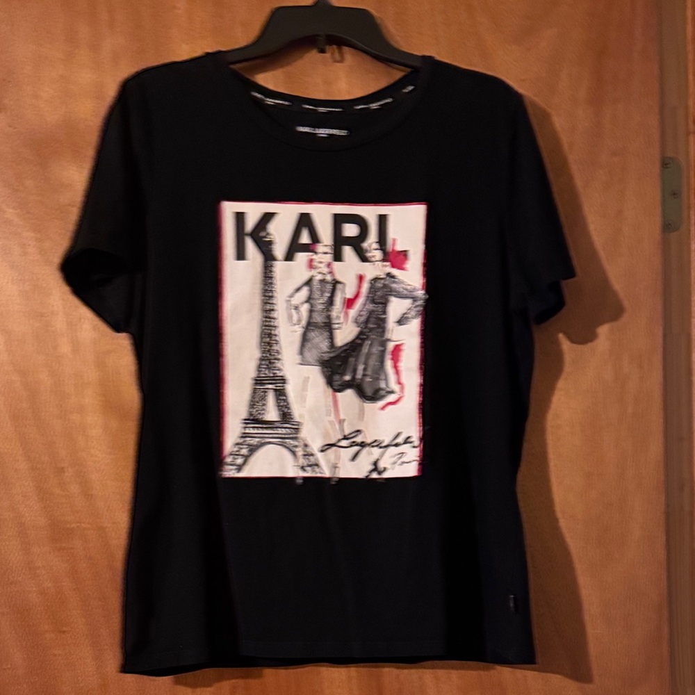 Karl Lagerfeld Black Tee with Paris Graphic and Pink Accents